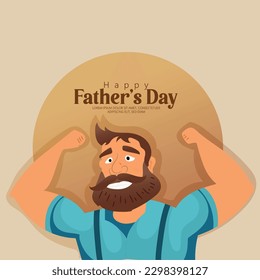 Happy Fathers day, Dad in superhero costume holds son on his shoulders, typography