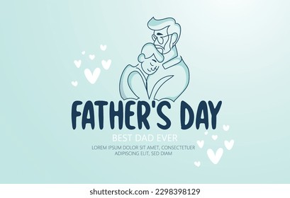 Happy Fathers day, Dad in superhero costume holds son on his shoulders, typography