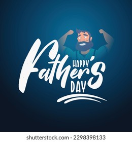 Happy Fathers day, Dad in superhero costume holds son on his shoulders, typography