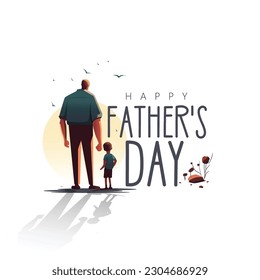 Happy Fathers day, Dad in superhero, father holding his child hand. Cheerful cartoon characters.