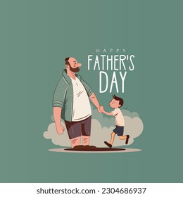 Happy Fathers day, Dad in superhero, father holding his child hand. Cheerful cartoon characters.