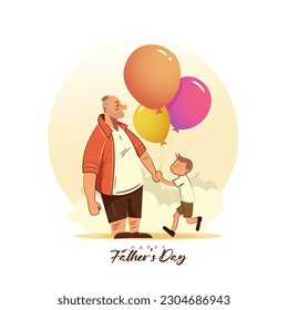 Happy Fathers day, Dad in superhero, father holding his child hand. Cheerful cartoon characters.