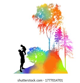 Happy Father's Day. Dad's holding the baby in his arms. Outdoors. Vector illustration