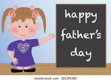 Happy Father's Day from Daughter. Cartoon girl in a purple dress with pink hair ribbons and chalkboard
