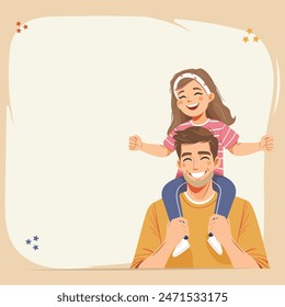 Happy father-s day. The daughter is sitting on the father's shoulders in flat style. Vector illustration