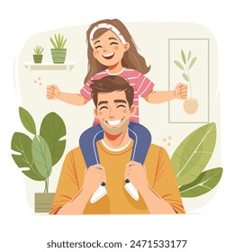 Feliz día del padre. La hija está sentada sobre los hombros del padre en estilo plano. Ilustración vectorial