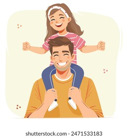 Happy father-s day. The daughter is sitting on the father's shoulders in flat style. Vector illustration