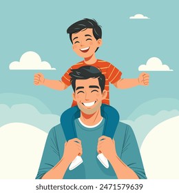 Happy father-s day. The daughter is sitting on the father's shoulders in flat style. Vector illustration