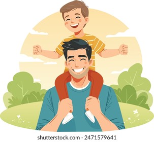 Happy father-s day. The daughter is sitting on the father's shoulders in flat style. Vector illustration