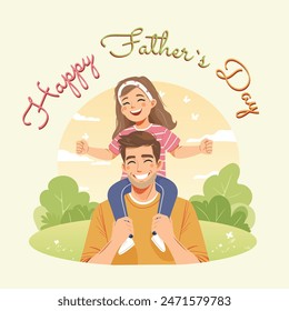 Happy father-s day. The daughter is sitting on the father's shoulders in flat style. Vector illustration