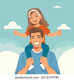 Happy father-s day. The daughter is sitting on the father's shoulders in flat style. Vector illustration