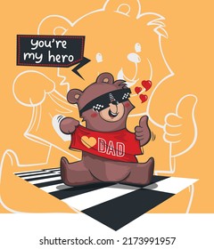  Happy father's day design banner, Cute teddy bear in red t-shirt and wearing sunglasses with thumbs up isolated on yellow background illustration vector.