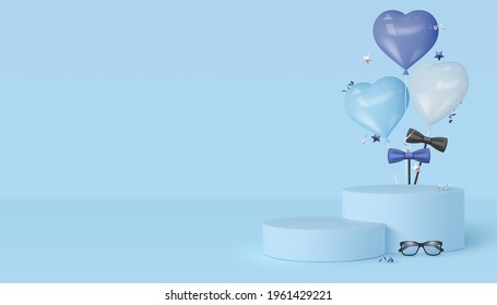 Happy Fathers Day display podium with glasses, bow tie and heart balloons. Blue background with copy space. Realistic vector illustration.