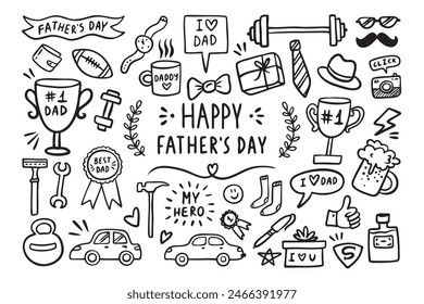 Happy Father's day doodle hand drawn elements. Fathers day comic family collection. Icons father set. Vector illustration