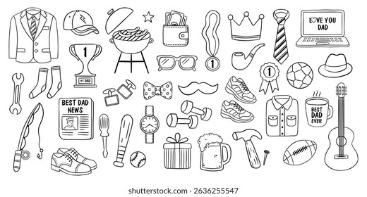 Happy father's day doodle icon set. Sketch hand drawn vector illustration