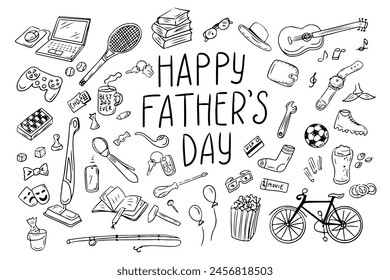 Happy Fathers day doodle outline set. Monochrome black contour isolated elements on white background. Holiday party concept. Good for coloring pages, stickers