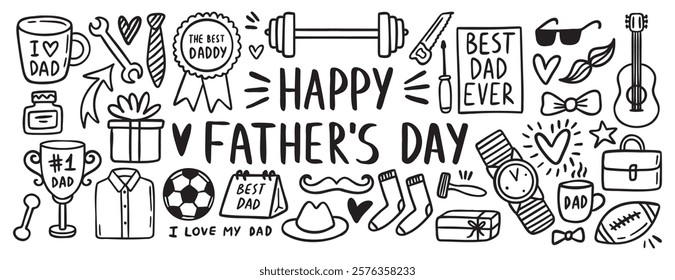 Happy Fathers day doodle outline hand drawn elements set. Fathers day comic family collection. doodle Icons father set. . Vector illustration