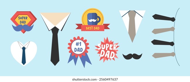 Happy Father's day doodle set. Tie, mustache, shirt, and modern lettering. Hand drawn creative icon vector illustration isolated on blue background