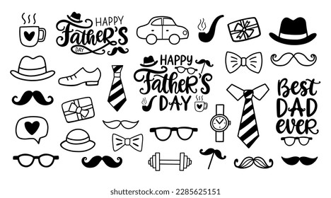 Happy Fathers Day doodles set with hand written lettering and elements. Cute typography design collection for poster, paper decor, banner, tie bow, gift card. Retro vintage style. Vector illustration