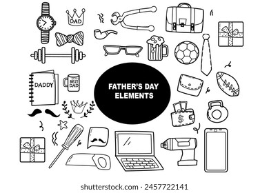 happy fathers day elements doodle design, celebration accessories message decoration party for greeting card, banner, poster