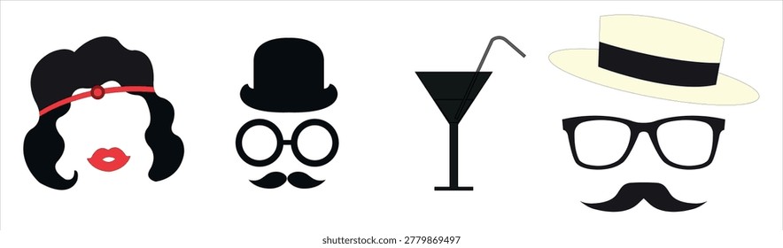 Happy fathers day elements silhouette on white background. Set of father's day cute elements vector. Elements are isolated, vector illustration.