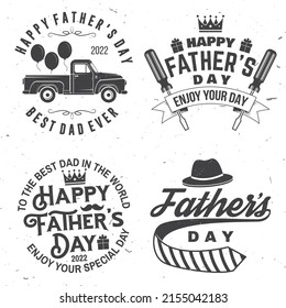 Happy Father's Day. Enjoy your day badge, logo design. Vector illustration. Vintage style Father's Day Designs with crown, gift, screwdriver, retro pickup truck
