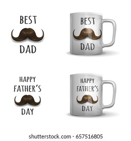 Happy Father's day. Example handmade calligraphy with mustache on mug for gift. Vector illustration.