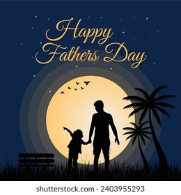 Happy Father's Day Facebook post illustration of father and children walking together vector design with Dark background. illustration for  fashion ads, poster, flyer, social media,and shopping templa