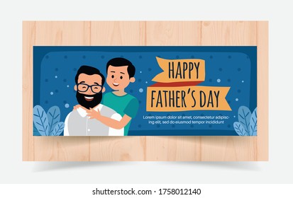 Happy father's day! Happy family child hugging dad and smile. Cute vector illustration for a holidays poster, greeting card or banner.