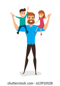 Happy Father's Day. Happy family concept. Dad carrying little son and little daughter on his shoulders. Cartoon Vector Illustration.