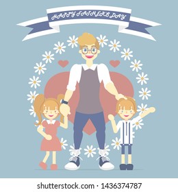happy father's day with family, dad and boy and girl, flower, heart, ribbon banner, blue color background greeting card,flat vector illustration cartoon character design clip art