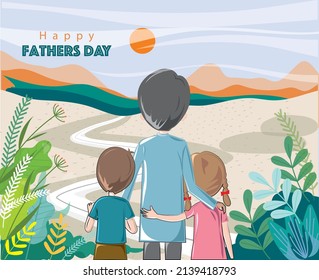 happy fathers day family holiday daughter and son hold dad hand stand back looking sunset concept greeting card flat