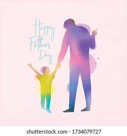 Happy father's day. Happy family son holding dad's hand silhouette plus abstract watercolor painting. Double exposure illustration. Digital art painting. Vector illustration.