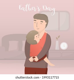 Happy Father's Day. A father carries his son and takes him to a Father's Day event in a residential community. The son hugged his heroic father tightly. Vector flat illustration.