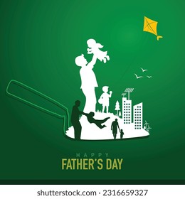 Happy Father's Day. Father with Child Enjoying. World Cities Day. Paper craft ideas are eco-friendly, family-friendly, and save the earth with World Environment Day. Building Construction. Vector Art.