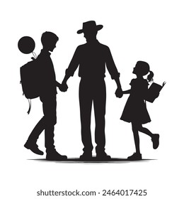 "Happy Father's Day" father and children set silhouette. vector white background