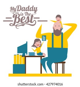 Happy father's day. Father and children on work desk. flat character design and elements. vector illustration