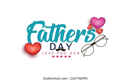 Happy Fathers day, Father, DAD text design, with glasses, bow tie, mustache, gift box and hearts on background poster, banner, card, background