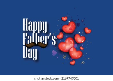 Happy Fathers day, Father, DAD text design, with glasses, bow tie, mustache, gift box and hearts on background poster, banner, card, background