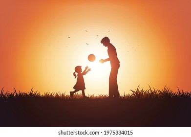 Happy Father's Day. Father and his daughter child girl playing outdoors with sunset