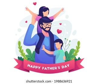 Happy father's day with Father with his two children. Flat vector illustration