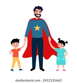 Happy Father's Day. Father with his children. Father as super hero.