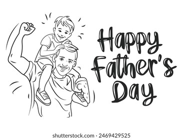 Happy Father's Day, father with his son, continuous line drawing illustration of a father and son enjoying a piggyback ride