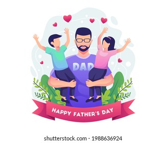 Happy father's day with Father holding his two children. Flat vector illustration
