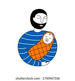 Happy Father's Day. A father holds his baby in his arms. Doodle vector illustration on a white background. It can be used for card, logo, sticker.
