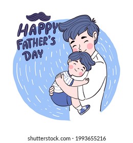 Happy Father's Day Father holds the son close to his chest. Dad and Son wear t-shirt isolated on blue background. Vector flat illustration