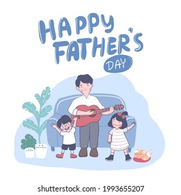 Feliz Día del Padre tocar guitarra y cantar con su hijo y su hija en el amor de los padres siempre es genial. Ilustración plana de dibujos animados