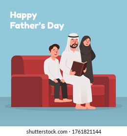Happy Fathers Day, Father Reading Story Book With Kids Cartoon Illustration