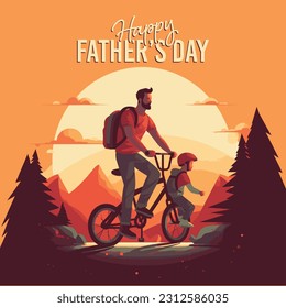 Happy Father's day, father riding a bike with his child. Turkish Translation: Babalar günü kutlu olsun. Vector, Illustration.