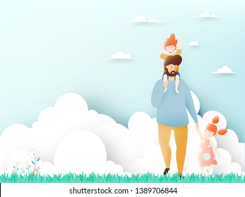 Happy father's day with father and son and daugther with pastel scheme and paper art vector illustration